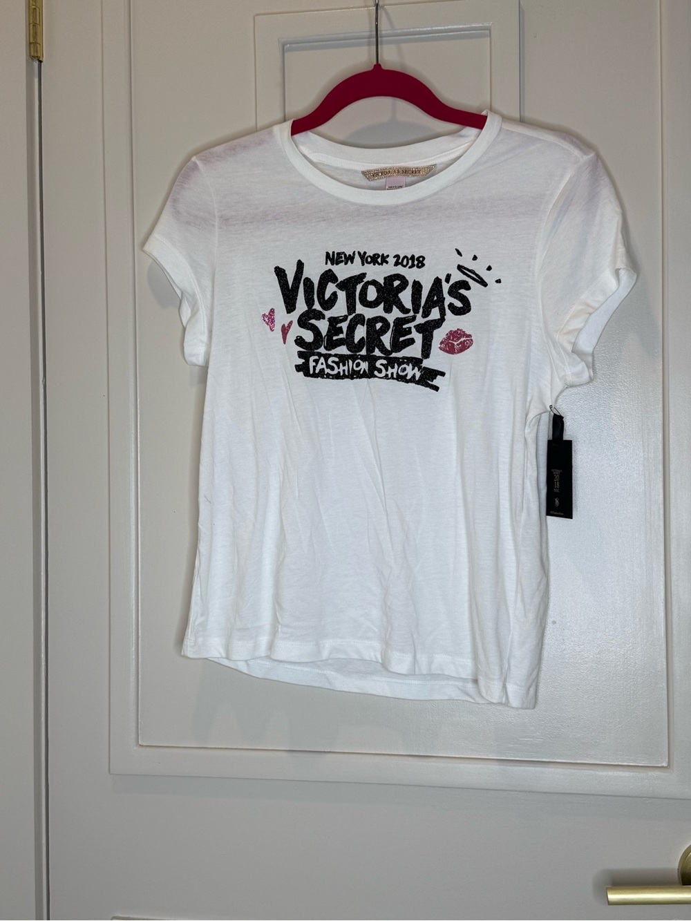Victoria's Secret White Tee with Black Graphic and Pink Accents